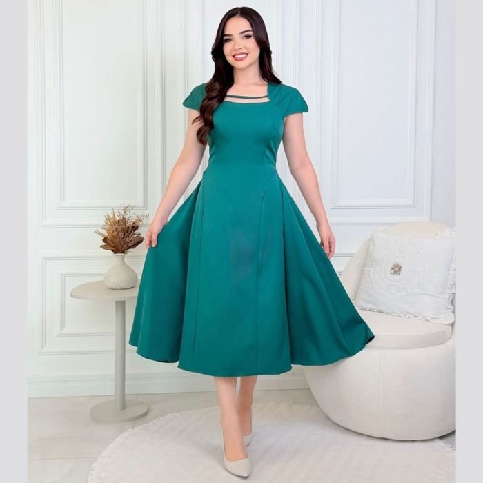 Vestido Midi Sofisticado Feminino de Alfaiataria Saia Godê Acabamento Premium El