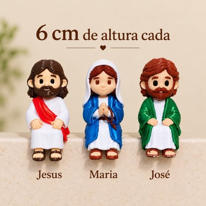 Kit Sagrada Família Mini Jesus Maria José Sentados 6cm Miniatura Religiosa Presépio Enfeite Monitor Prateleira Presente