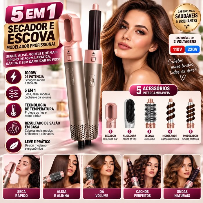 Escova Secadora 5 em 1 1000W Modelador de Cabelo Alisadora Cachos Ondas Volume com 5 Acessórios