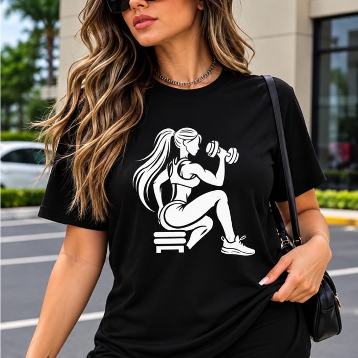Camiseta Feminina Academia Fitness Musculação Estampa Mulher com Halter P ao GG