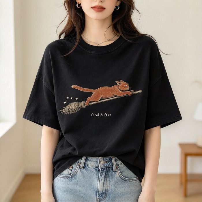 Atelier das Estampas Camiseta Estampa Gato Laranja Vassoura Mágica Estilo Vintage Casual Feminina