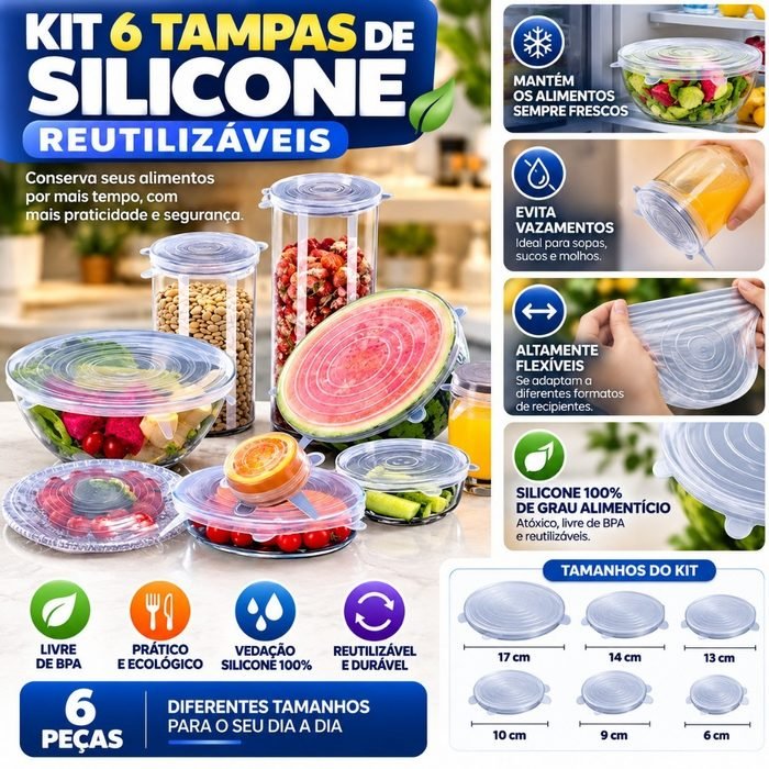 Kit Silicone Tampas Reutilizaveis Hermeticas Vedantes Conservacao Alimentos Cocina
