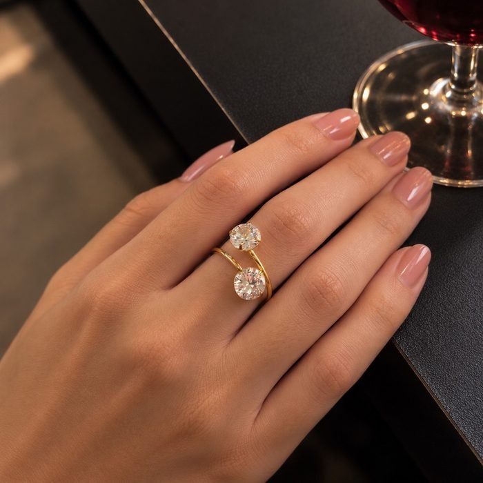 Anel Feminino Prata 925 18k Ajustável Duplo Ponto de Luz com Zircônias 8mm 8mm Brilhante Feminino