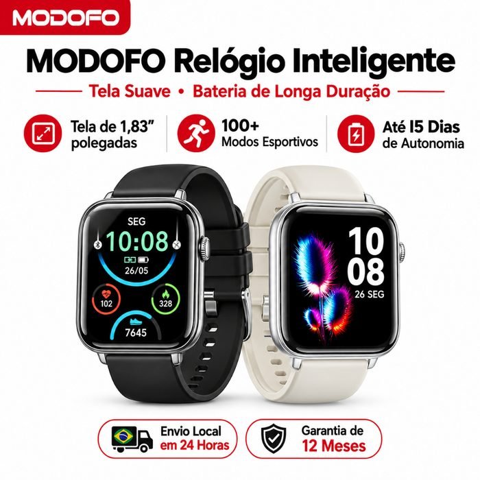 MODOFO Relógio Inteligente Smartwatch WF1 Lite 1,83" Chamadas Bluetooth IP68 Monitor Cardíaco 100+ Modos Esportivos