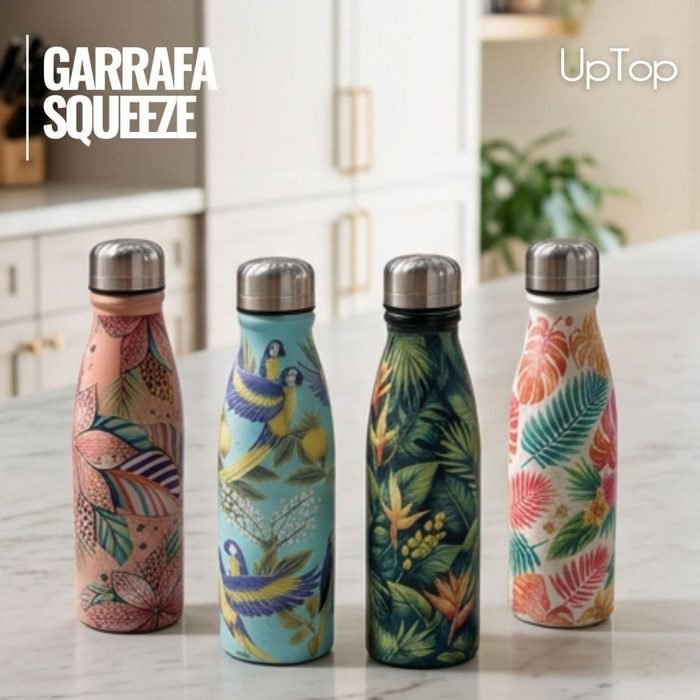 Garrafa Inox UpTop Squeeze Estampada Tropical com Tampa Rosqueável para Água Academia Trabalho e Viagem