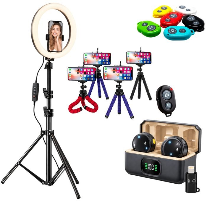 Kit Ring Light 10 Polegadas LED com Tripé 2,10m Microfone Lapela Duplo Sem Fio e Controle Bluetooth