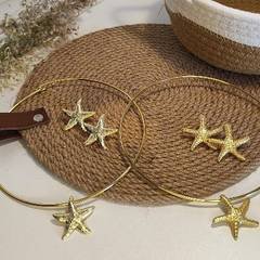Kit Colar Choker + Brinco Estrela do Mar Dourado Verão Praia Aro Fino Rígido