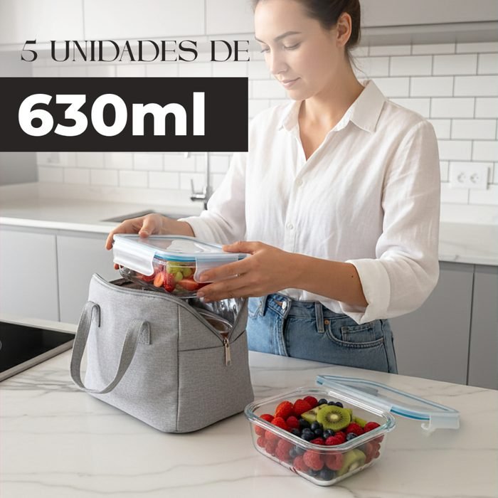 Kit 5 Potes de Vidro 630ml Borossilicato Hermético com Trava e Vedação de Silicone Seguro e sem BPA