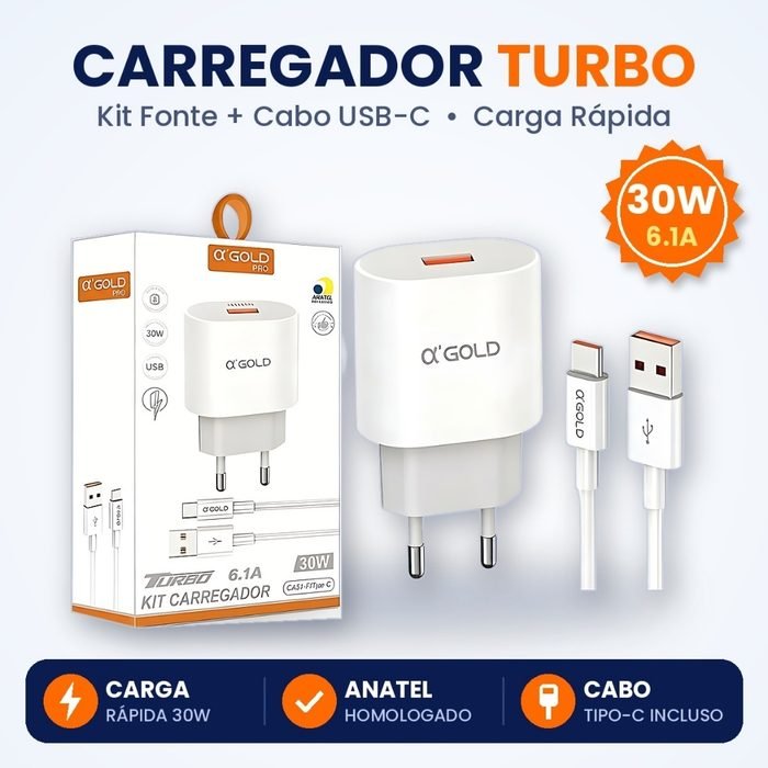 Kit Carregador Celular Tipo C 30W Turbo A'Gold Original Fonte Rápida 6.1A + Cabo