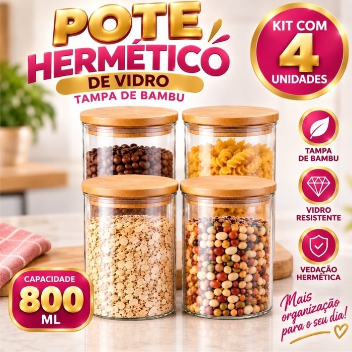Kit 4 Potes Herméticos 800ml De Vidro Com Tampa De Bambu Porta Mantimentos