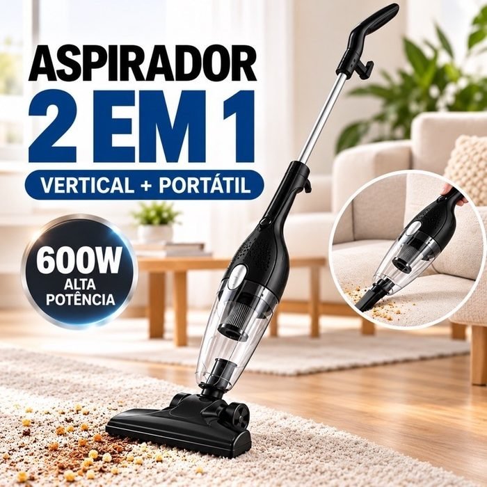 Aspirador de Pó Vertical e Portátil 2 em 1 600W 13KPa Sucção Forte 110V Reservatório 1,2L