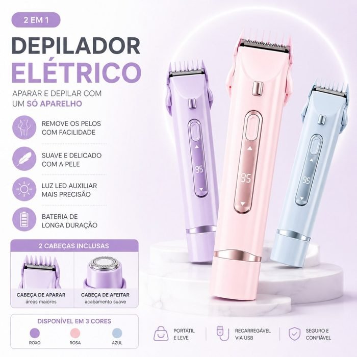 Barbeador Feminino Elétrico 2 Em 1 USB Aparador Recarregável LED Para Pernas Axilas Rosto Depilador