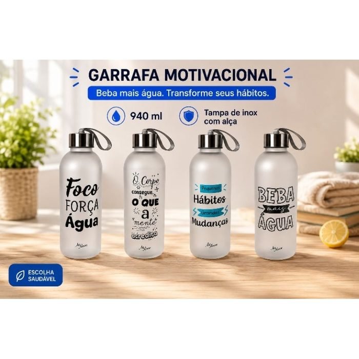 Garrafa Frases Motivacional 940ml Tampa Inox Com Alça Fosca Academia Trabalho