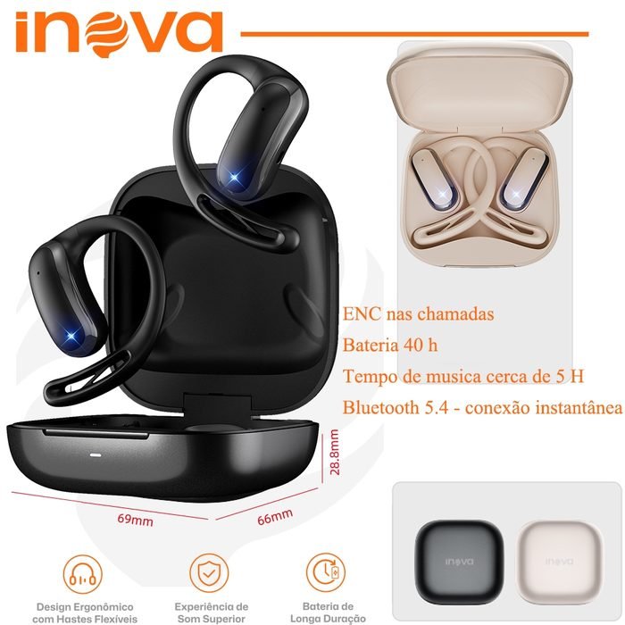 INOVA Wireless Bluetooth 5.4 clip Fone de Ouvido Aberto 36H Bateria IPX5 Open Ear Confortável para Academia True Noise