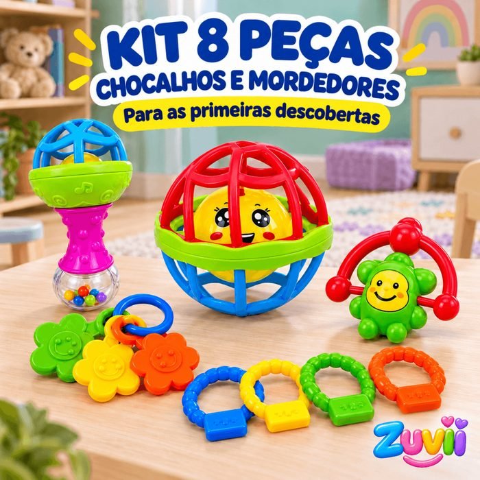Kit 8 Brinquedos Sensoriais Zuvii Montessori Bebê Mordedor Chocalho Educativo Colorido Estímulo Coordenação Motora Infan