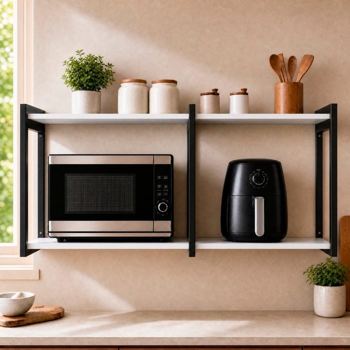 Suporte Duplo Microondas e Air Fryer Grande Industrial Reforçado 50kg Antiferrugem Nicho Cozinha