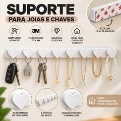 Suporte Porta Chaves e Joias Parede Coração Preto Adesivo 8 Ganchos Sem Furar Fita 3M Organizador Colar Hall Entrada