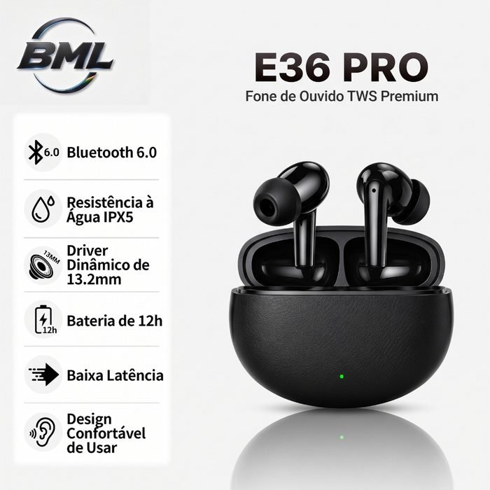 BML Fone Bluetooth Sem Fio E36 Pro Som HiFi Bluetooth 6.0