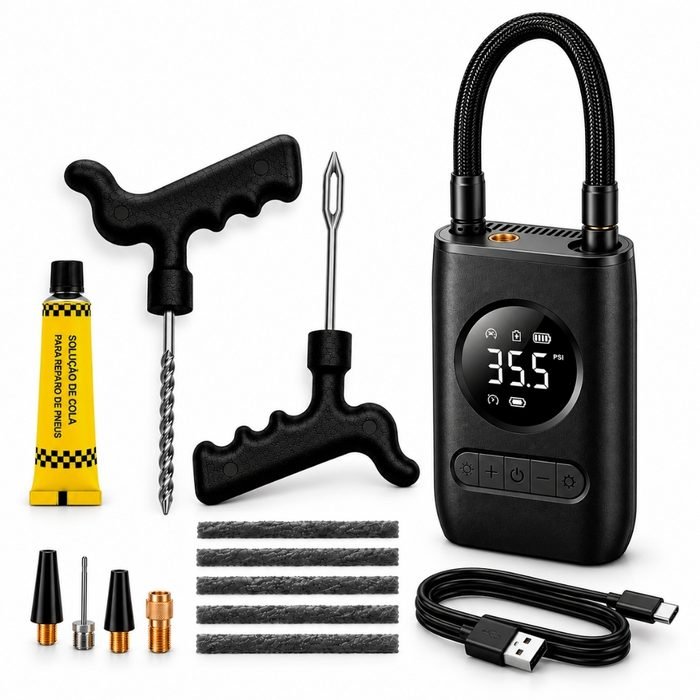 Mini Compressor de Ar Portátil Digital + Kit de Reparo de Pneus Ergonômico