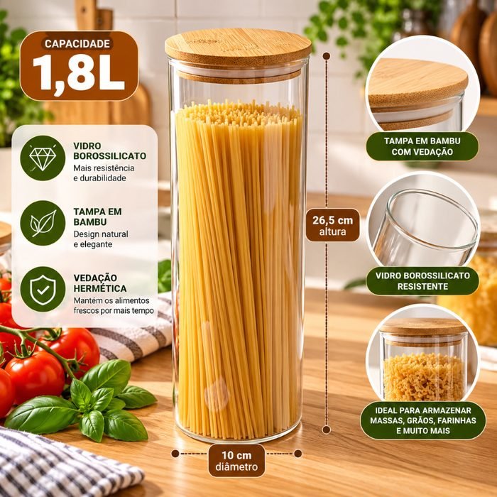 Pote Hermético Vidro Borossilicato 1,8L Tampa Bambu Transparente