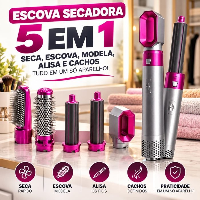 Escova Secadora 5 em 1 Multifuncional 110V 1000W com 5 Acessórios para Secar Alisar Modelar e Cachear