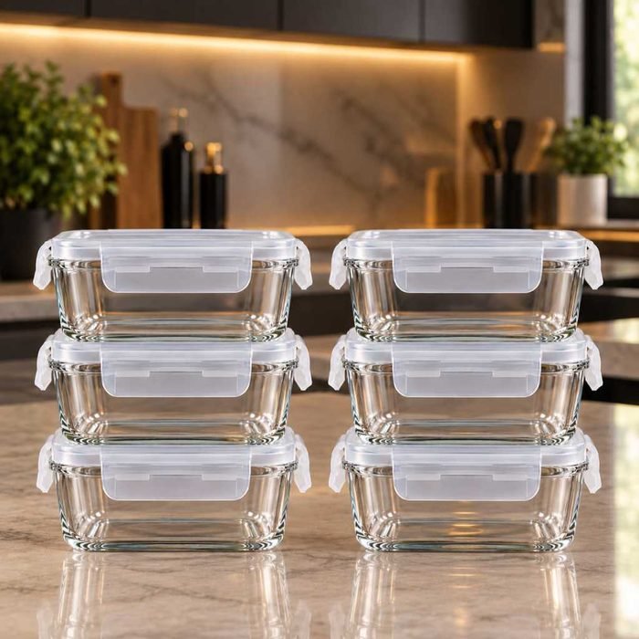 6 Potes de Vidro 520ml Quadrados Herméticos Marmita 4 Travas BPA Free Cozinha Organizacao Jogo