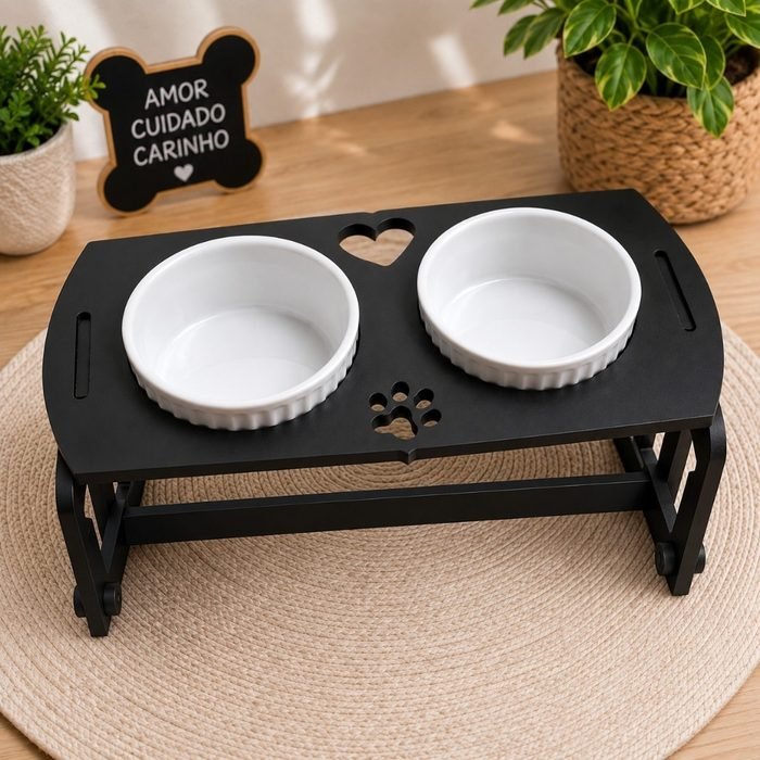 Comedouro E Bebedouro Elevado em MDF para Cachorro e Gato Pet - 2 Tigelas Branca Comedor