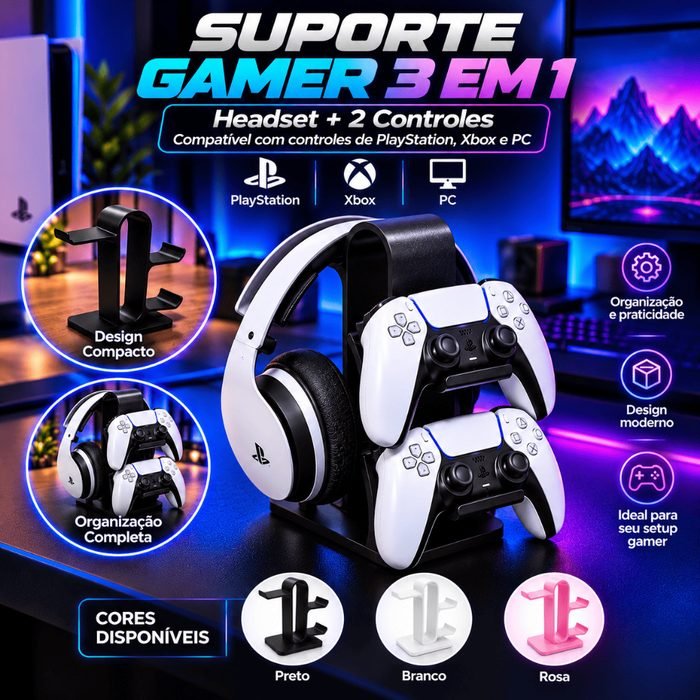 Suporte Controle e Headset Gamer 2 Controles PS5 PS4 Xbox + Fone Mesa Organizador Setup PC