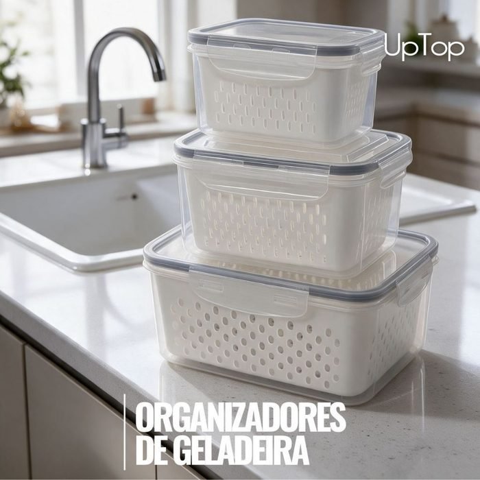Pote Organizador de Geladeira com Cesto Escorredor e Tampa Hermética 850ml 1750ml 3300ml UpTop