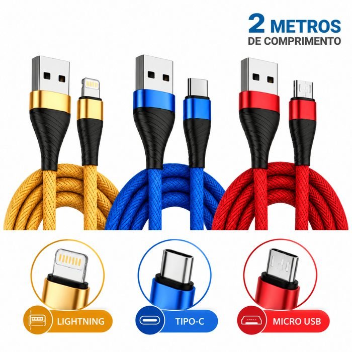 Kit Cabos 2 Metros Tipo C V8 Lightning iPhone Carga Rápida
